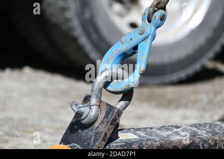 detail of a hook and lifting gear used on a small crane Stock Photo