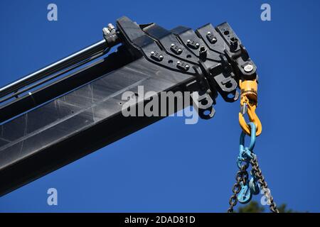 detail of a hook and lifting gear used on a small crane Stock Photo