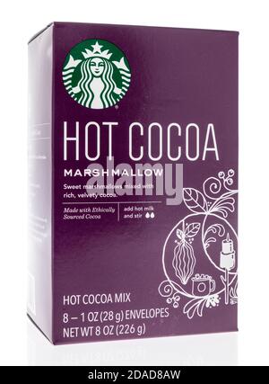 Winneconne, WI - 22 October 2020:  A package of Starbucks hot chocolate with marshmallow on an isolated background. Stock Photo