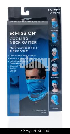 Winneconne, WI - 22 October 2020:  A package of Mission cooling gaiter on an isolated background. Stock Photo