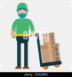delivery courier using mask with cardboard box vector illustration in flat style Stock Vector