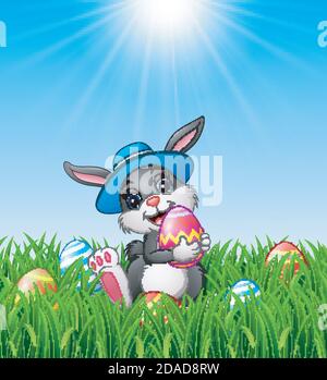 Vector illustration of Happy easter bunny wearing a hat carrying easter eggs in the grass Stock Vector