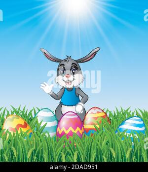 Vector illustration of Cartoon bunny waving hand with easter eggs in the grass Stock Vector