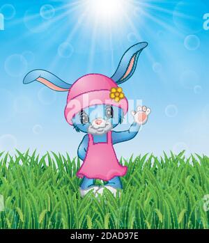 Vector illustration of Cute rabbit cartoon waving in the grass on a background of bright sunshine Stock Vector