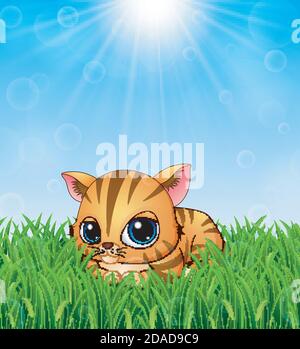 Vector illustration of Cute kitten cartoon lay down in the grass on a background of bright sunshine Stock Vector