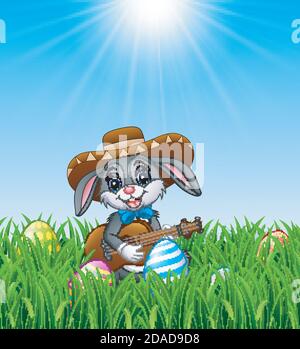Vector illustration of Cartoon rabbit mexican playing guitar and singing in the grass Stock Vector