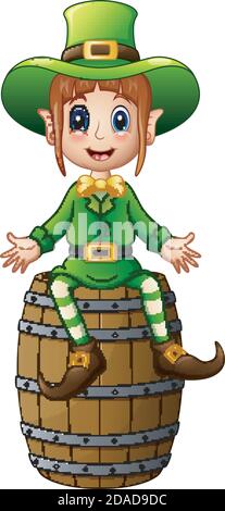 Vector illustration of Cartoon girl leprechaun waving with sitting on barrel Stock Vector