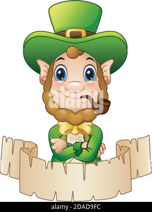 Vector illustration of Cartoon Leprechaun with a smoking pipe and a scroll Stock Vector