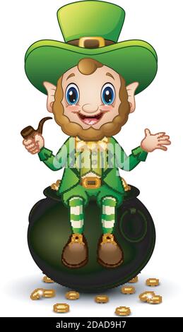 Vector illustration of Cartoon Leprechaun sitting on pot of gold Stock Vector