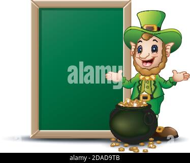 Vector illustration of Smiling leprechaun cartoon with chalkboard and pot of gold coins Stock Vector
