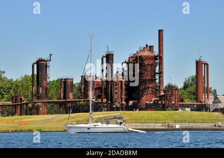 Gas Works Park, the old historic coal gasification plant, is the strangest public park in Seattle, WA Stock Photo