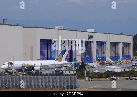 Boeing Everett facility, an airplane assembly facility which is the largest building in the world by volume, situated in Everett, WA, USA Stock Photo