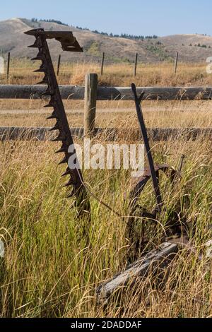 A vintage sickle bar hay mower with wrought iron wheels on a ranch in Idaho, USA.  Now part of a private museum. Stock Photo