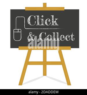 Click and Collect message Blackboard on a wooden easel, black chalkboard on an old style wooden easel isolated on white background. Vector EPS 10 Stock Vector