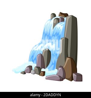 Waterfall cascade in rocks. Water splashing down with foam. Vector illustration of falling river in cartoon style Stock Vector