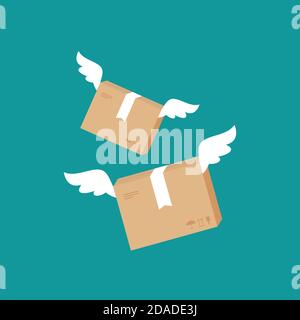 Flying parcel with wings icon isolated on blue. Fast delivery concept. Online order. box, package, transportation, container. Receive, send and transf Stock Vector