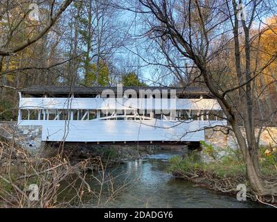 The Knox Covered Bridge at Sunset on a Clear Autumn Day at Valley Forge National Historical Park Stock Photo