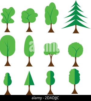 Set of trees icons, flat design elements, green color collection Stock Vector