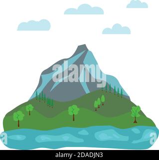 Flat nature landscape design, with mountain, green field and lake Stock Vector