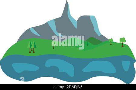 Flat nature landscape design, with mountain, green field and lake Stock Vector