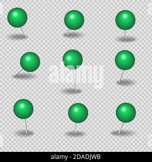 Green hairpins for paper on a transparent background with a gray shadow. EPS 10 Stock Vector