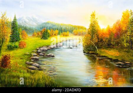 Original  oil painting of beautifl autumn landscape, forest,mountains  and river  on canvas.Modern Impressionism, modernism,marinism Stock Photo