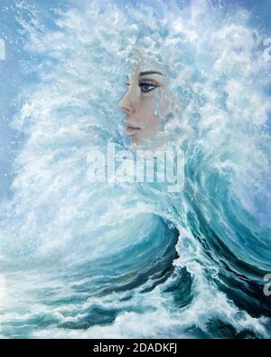 Original abstract oil painting showing woman face from waves in  ocean or sea on canvas. Modern Impressionism, modernism,marinism Stock Photo