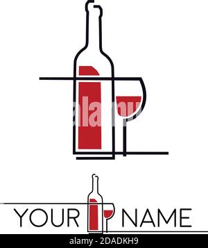 Vector simple sign wine in glass and bottlle, broken line in red and black Stock Vector
