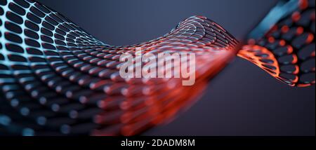 Abstract curved or curvy object wallpaper, background, floating hovering metallic mesh or grid, blue, red glowing lighting, 3D render illustration Stock Photo