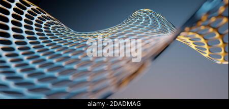 Abstract curved or curvy object wallpaper, background, floating hovering metallic mesh or grid, blue, yellow, golden lighting, 3D render illustration Stock Photo