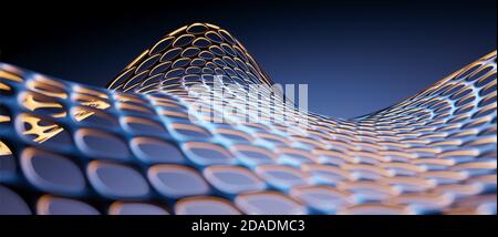 Abstract curved or curvy object wallpaper, background, floating hovering metallic mesh or grid, blue, yellow, golden lighting, 3D render illustration Stock Photo