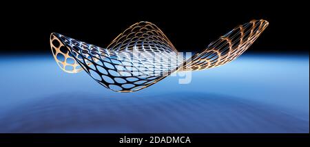 Abstract curved or curvy object wallpaper, background, floating hovering metallic mesh or grid, blue, casting shadow on ground, 3D render illustration Stock Photo