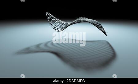 Abstract curved or curvy object wallpaper, background, floating hovering metallic mesh or grid, blue, casting shadow on ground, 3D render illustration Stock Photo