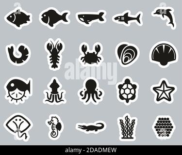 Sea Life & Seafood Icons Black & White Sticker Set Big Stock Vector