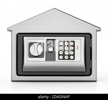 Bank building shaped steel safe isolated on white background. 3D illustration. Stock Photo