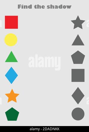 Find the shadow game with pictures geometric shapes for children, easy level, education game for kids, preschool worksheet activity, task for the Stock Vector