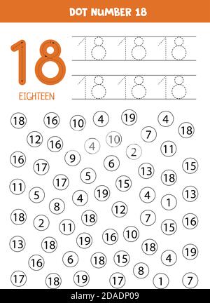 Find and dot number 18. Math game for kids. Stock Vector