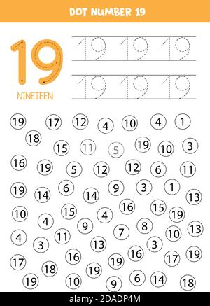 Dot or color all numbers 19. Educational game. Stock Vector