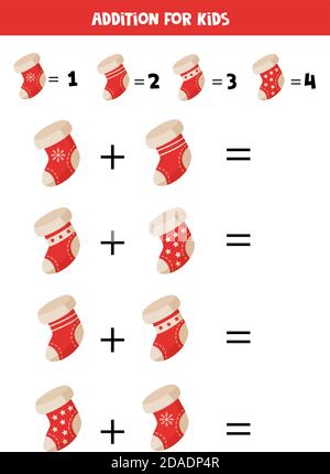 Addition of Christmas socks for kids. Math game. Stock Vector