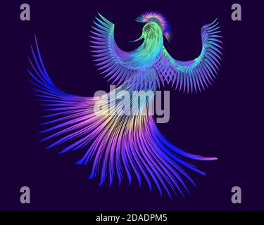 Colored, bright bird on a purple background, abstraction with lines, vector illustration, 4k Stock Vector