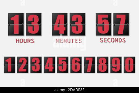 Flip clock showing how much time hours, minutes and seconds. Flip board with red numbers in retro style on a white background. Vector design element Stock Vector