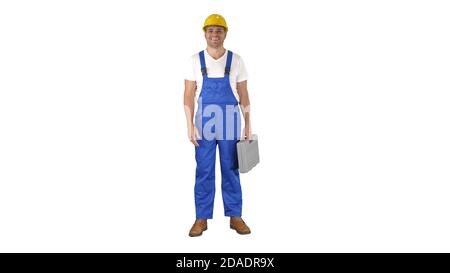 Architect or engineerpresenting new house or building on white background. Stock Photo