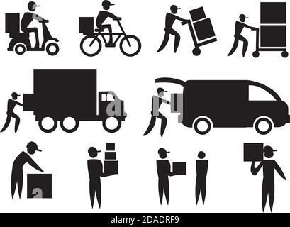 Vector illustration of the work of a delivery man. Black on white icon set. Stock Vector