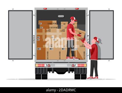 Truck trailer loaded with cardboard boxes by movers. Delivery van with pile of boxes. Express delivering services commercial truck. Fast and free delivery. Cargo logistic. Flat vector illustration Stock Vector