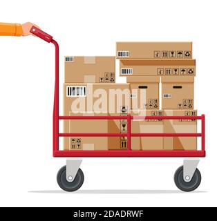 Barrow full of boxes isolated on white. Metallic wheeled trolley with cardboard box. Delivery service and logistics. Hand truck dolly icon. Transportation warehouse. Cartoon flat vector illustration Stock Vector