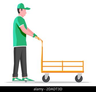 Courier with empty barrow isolated on white. Metallic wheeled trolley and delivery man. Hand truck dolly icon. Transportation warehouse. Cartoon flat vector illustration Stock Vector