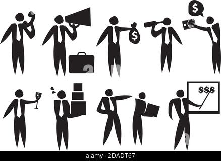 Icon of Business man in the workplace with different emotions. Stock Vector