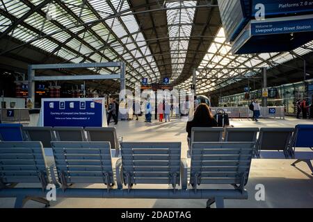 Liverpool Lime Street station in Covid 19 times with sanitisers on platforms Stock Photo