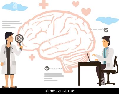 Scientist and doctor Group Study on Human Brain Mind in a laboratory. Psychology, Medical Research concept. Flat Cartoon Vector Illustration isolated Stock Vector