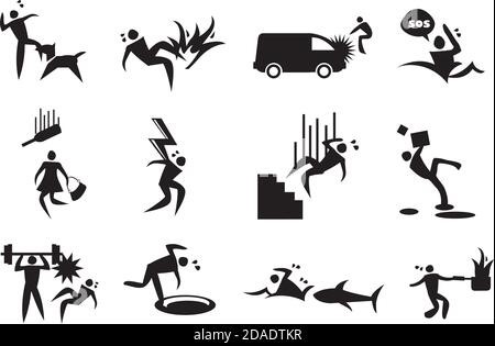 Vector illustration of various accidents. Conceptual icon set. Stock Vector
